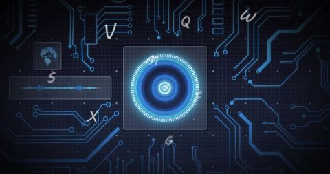 Neon blue hud interface with pulsing central lens and circuit grid visualization