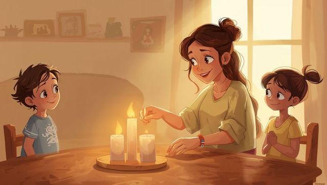 Mother lighting pillar candles at wooden table with children watching warm sunlit scene