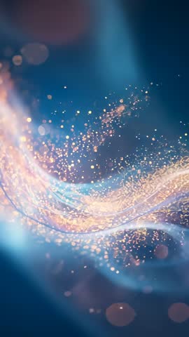 Shimmering Particle Wave Flowing Over Deep Blue Field, Forming S-Shaped Arc with Sparks