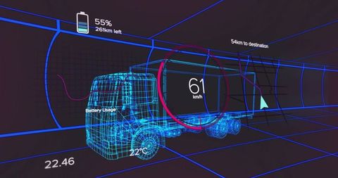 Futuristic Semi-Truck in Virtual Grid with Battery Display and Speed Dash