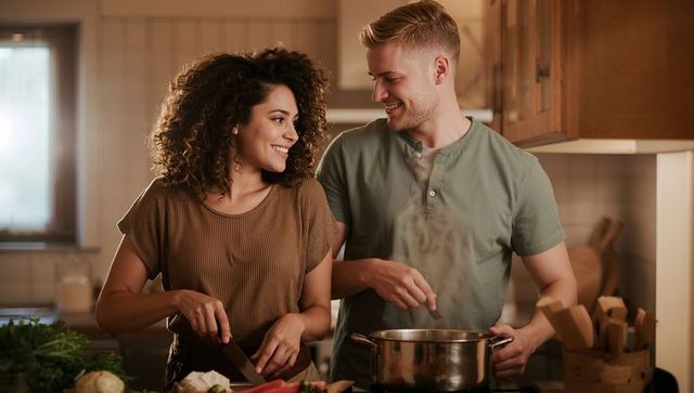 Couple cooking together, chopping vegetables and stirring steaming pot in cozy kitchen
