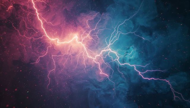 Vivid plasma arc across cosmic nebula with glowing particles