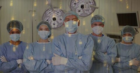 Surgical Team in Operating Room with Digital Currency Overlay