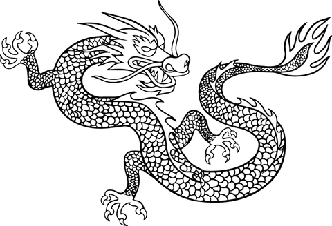 Intricate black line art of mythical eastern dragon on transparent background