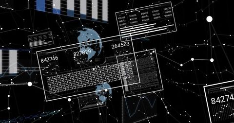 Holographic Network Dashboard Showing Floating Data Panels, Global Nodes, Analytics