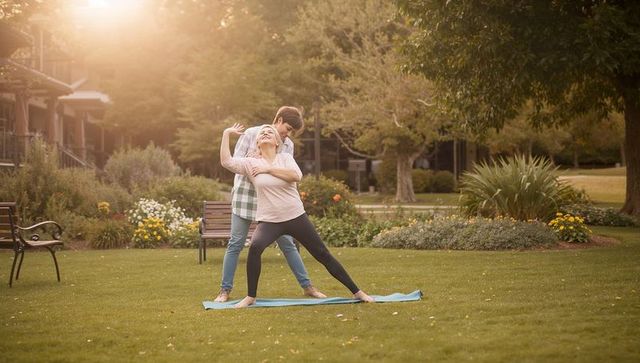 Couple practicing partner yoga, assisted stretching on mat in sunlit garden at golden hour