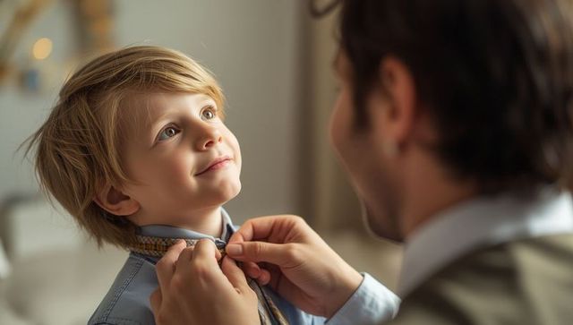 Father Teaching Son to Tie a Necktie in Cozy Setting