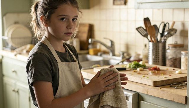 Preteen Drying Hands with Towel in Sunlit Rustic Kitchen While Preparing Vegetables