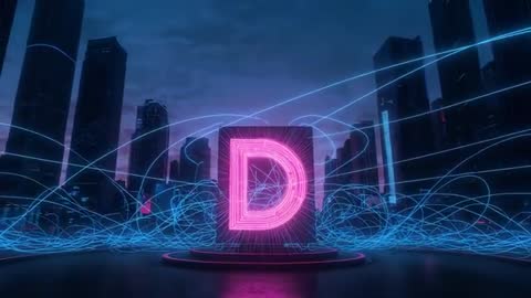 Neon Letter D Transforming Amidst Futuristic Cityscape