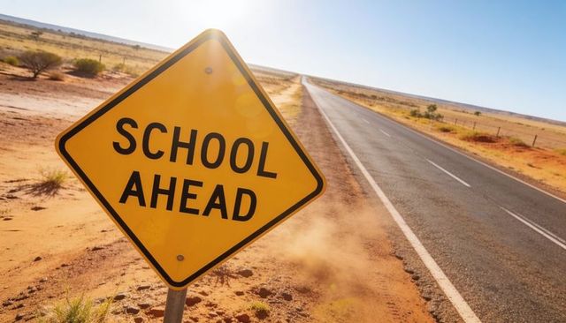 School ahead road sign on remote desert highway, dust trail and dramatic sunlit lens flare