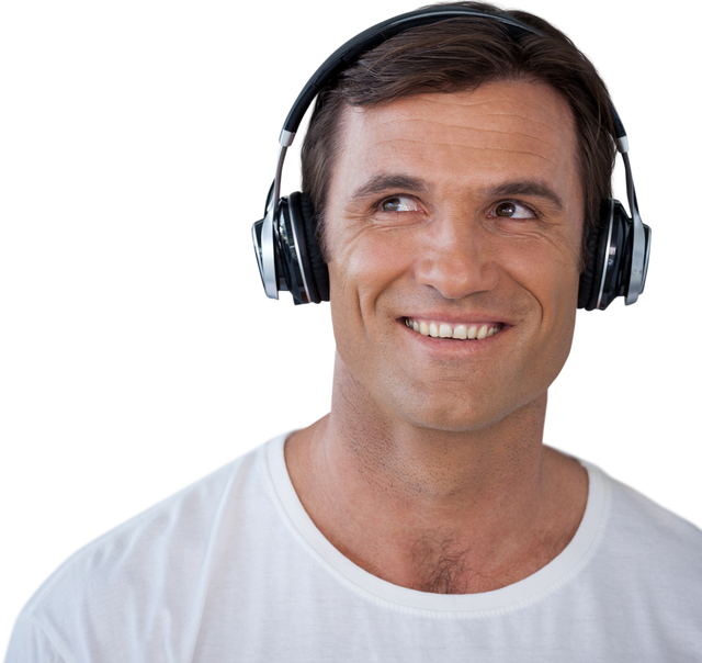 Happy Mature Man Wearing Headphones Listening to Music on Transparent Background - Download Free Stock Videos Pikwizard.com