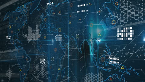 Futuristic World Map with Data and Technology Interfaces