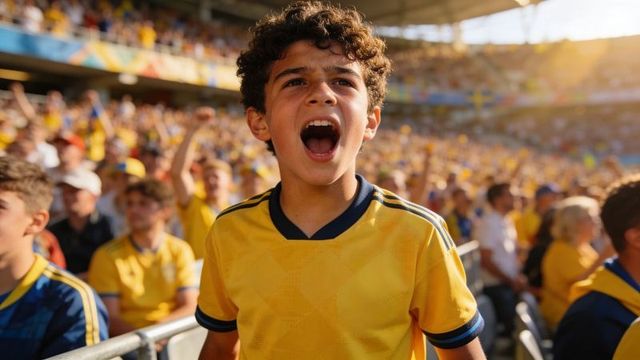 Young fan shouting and cheering in yellow jersey at packed stadium celebrating goal