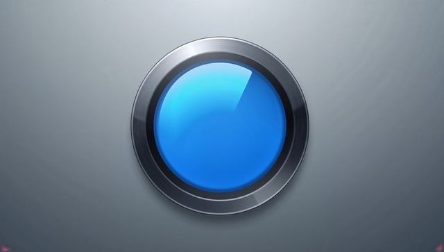 Glossy blue control button shining with metal bezel and glass reflection on gray panel