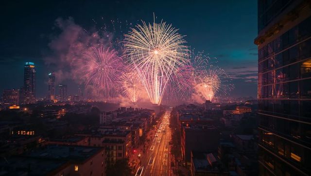 Sky Filled with Colorful Fireworks Over Bustling City Street