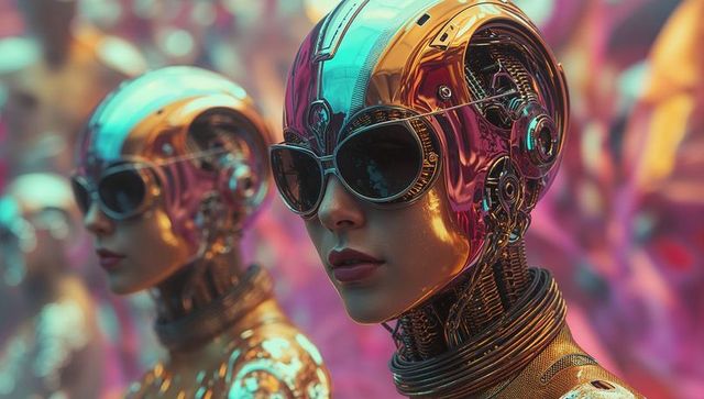 Cyborg Woman Wearing Futuristic Goggles in Digital World