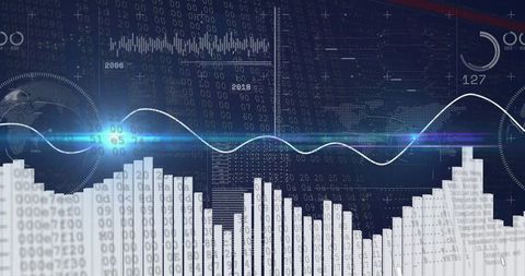 Futuristic Data Analytics Interface with Bar and Line Graphs on Dark Screen