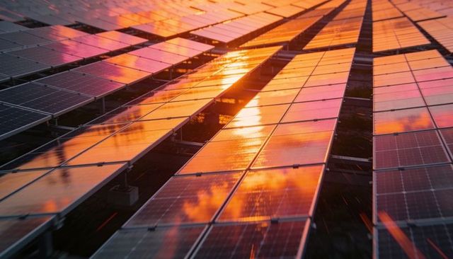 Sunset Reflection on Wet Solar Panel Array with Rails and Ground-Mounted Modules
