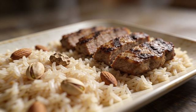 Charred grilled kebabs resting on fragrant basmati rice with almonds and pistachios
