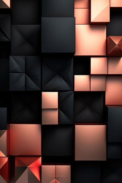 Elegant and striking abstract design featuring 3D metallic cubes in black and copper tones. Ideal for modern art, technology-focused backdrops, and design projects seeking a modern, sophisticated aesthetic. Perfect for use in digital backgrounds, presentations, posters, and interior decoration.