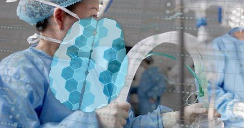 Neurosurgeon holding c-arm performing brain imaging with digital hexagonal cortex overlay