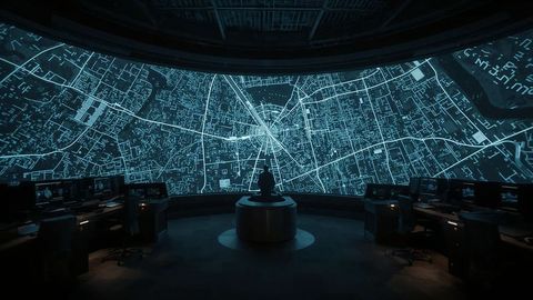 Operator monitoring digital street map in high-tech control center