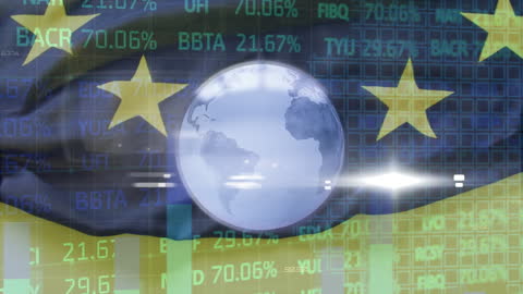 Globe Overlaid on Digital Data with European Flag Background