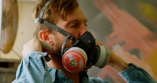 Man Wearing Respirator in Workshop Adjusting Straps - Download Free Stock Images Pikwizard.com