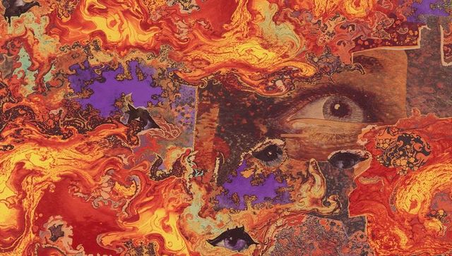 Surreal collage with fiery abstract swirls and human eyes