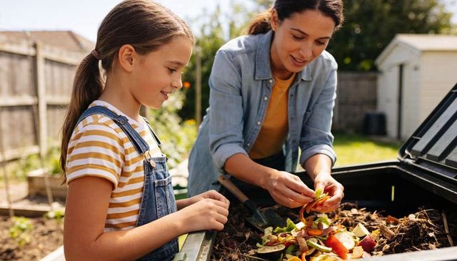 Mother daughter composting kitchen scraps in garden bin for sustainable living