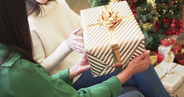 Women greeting one another, exchanging presents adorned with gold and white striped wrapping paper in a cozy living room near decorated Christmas tree. Perfect for holiday season promotions, festive greetings, or celebrating togetherness themes.