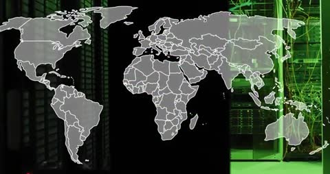 Illuminated World Map and Server Racks Highlighting Global Network