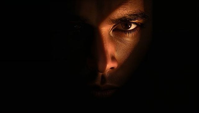Intense adult male portrait revealing textured skin in narrow warm chiaroscuro spotlight