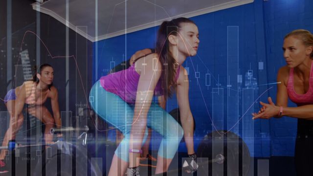 Ideal for articles or blogs on the intersection of fitness and technology, showcasing modern workout routines, digital data's role in health and wellness, or emphasizes the importance of strength training among women.