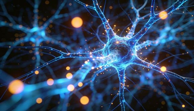 Glowing neuron firing synapses in neon blue and orange transmitting electrical signals