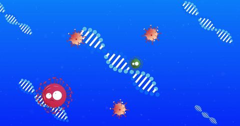 Dna strands and virus cells on blue background