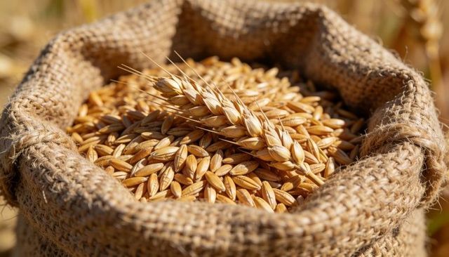 Burlap sack holding golden wheat grains with sunlit ears at farm harvest