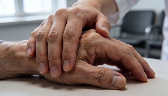 Placing Caring Hand Over Elderly Hand Conveying Compassion, Support and Comfort