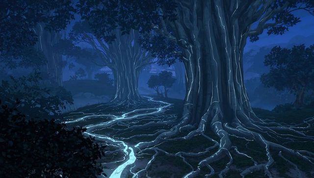 Bioluminescent Forest Glowing at Night with Tree Roots Casting Blue Light Trails