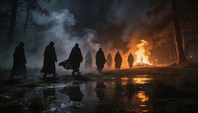 Hooded procession walking toward blazing pyre in foggy night forest with reflective water