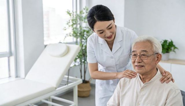 Young nurse assisting elderly asian man during bright clinic consultation