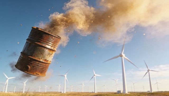 Rusting barrel lifting over wind farm with dust plume, wind turbines and rural horizon