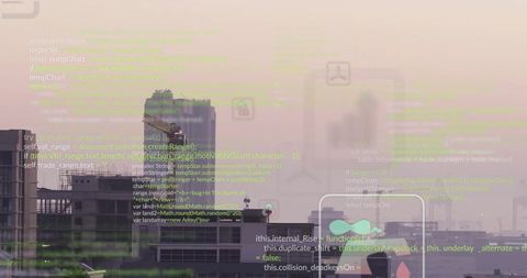 Urban Technology Fusion: City Skyline with Digital Coding Overlay