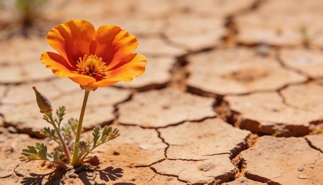 Vibrant orange poppy blooming from cracked clay representing resilience and hope in drought
