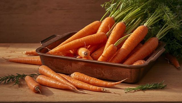 Fresh organic carrots in rustic baking pan with greens and rosemary on wooden table, farm harvest