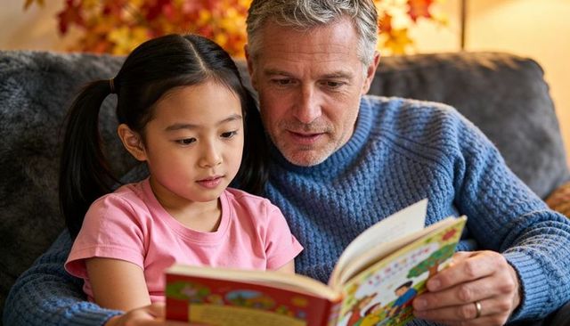 Man and child reading together on cozy couch during autumn storytime