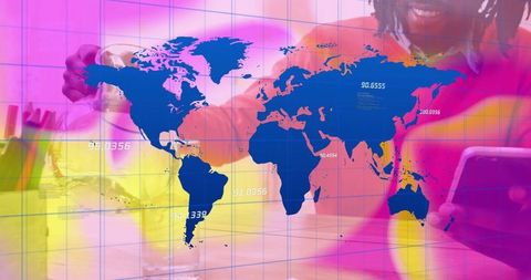 Business Professional Analyzing Data with World Map Overlay