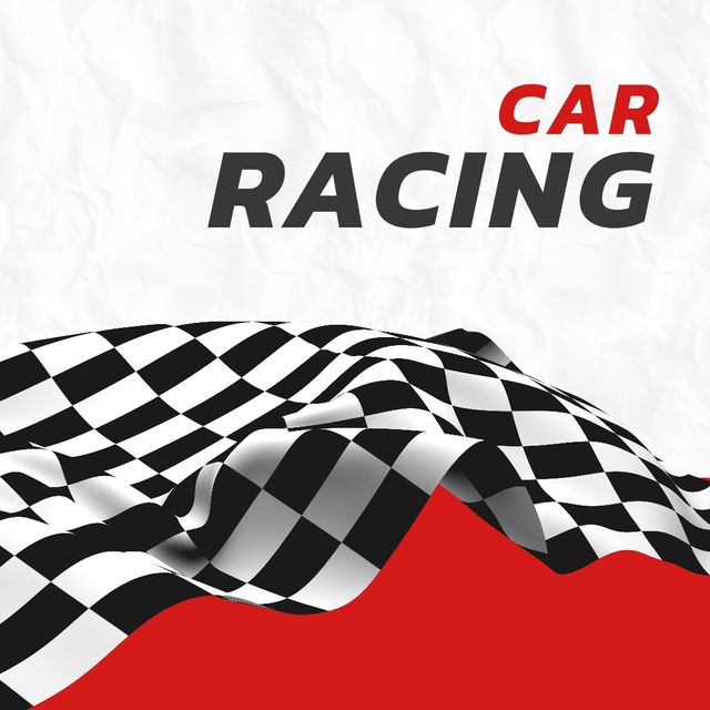 Illustration of car racing text and checkered flag against white background, copy space. illustration, monaco grand prix, formula one motor racing, racing event, circuit race.