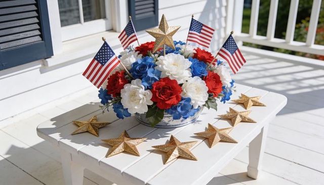 Patriotic red white blue floral centerpiece celebrating fourth of july on sunlit porch table