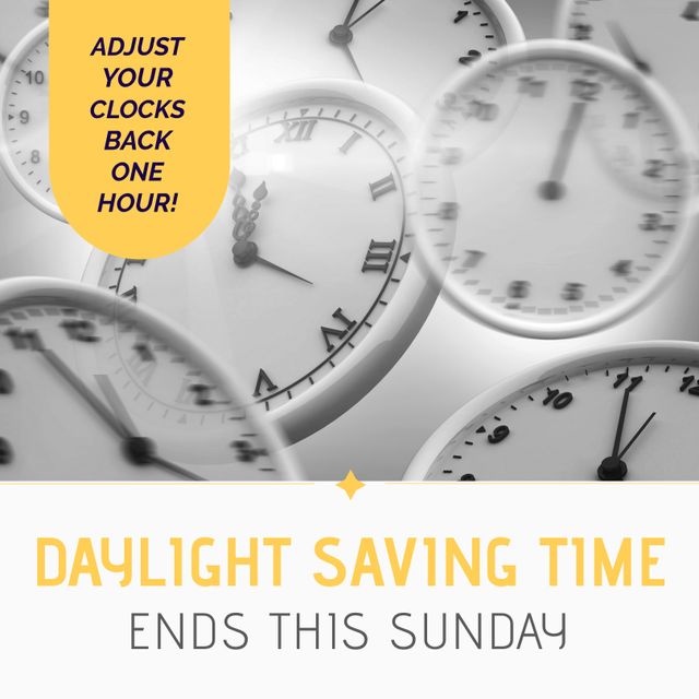 Composition of end of daylight saving time text over clocks. End of daylight saving time concept digitally generated image.